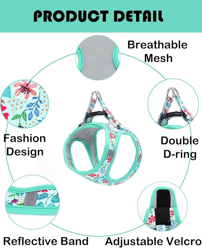 Moonpet Step in Dog Harness Leash Set- All Weather Reflective No-Pull Floral Pattern Padded Mesh Vest Harness for Cats Puppy Extra-Small Small Medium Large Dogs - Verdure Flower - XS