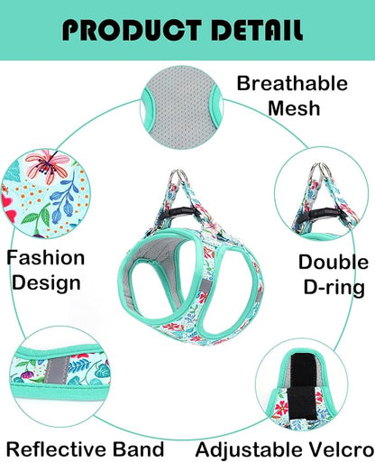 Moonpet Step in Dog Harness Leash Set- All Weather Reflective No-Pull Floral Pattern Padded Mesh Vest Harness for Cats Puppy Extra-Small Small Medium Large Dogs - Verdure Flower - S
