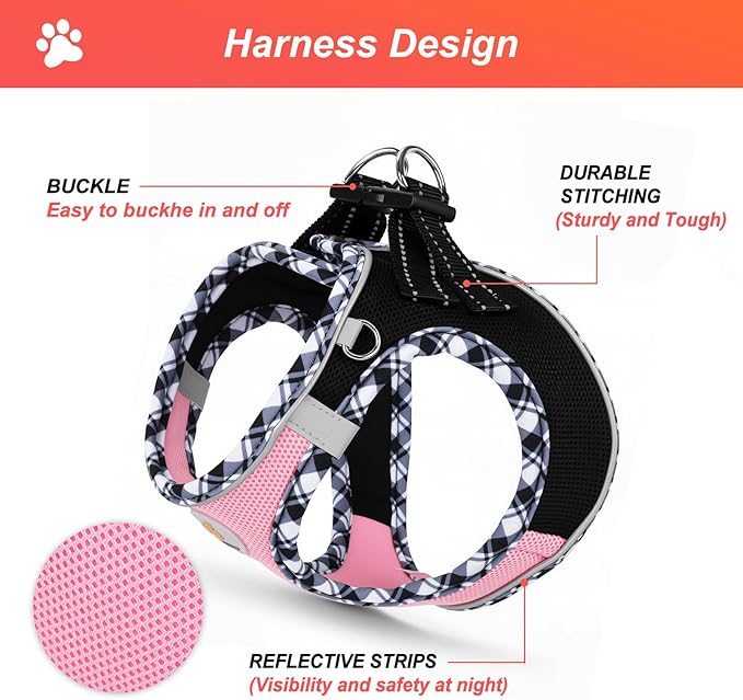 Hipubby Dog Harness Small Sized and Leash Set, No Pull Soft Mesh Puppy Vest, Reflective Breathable Lightweight Pet Harness, Harness for Small Medium Dogs and Cats - Black Pink, XS