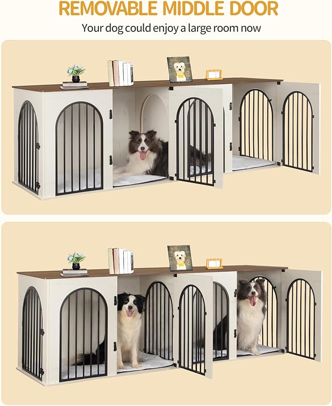 Hzuaneri 88.4" Dog Crate Furniture for 2 Dogs, Heavy Duty Indoor Dog Kennel TV Stand, XXL Wooden Dog Cage with Divider for Medium Large Dogs, End Table Dog Crate with Cushion, White Brown DFC84014BV1