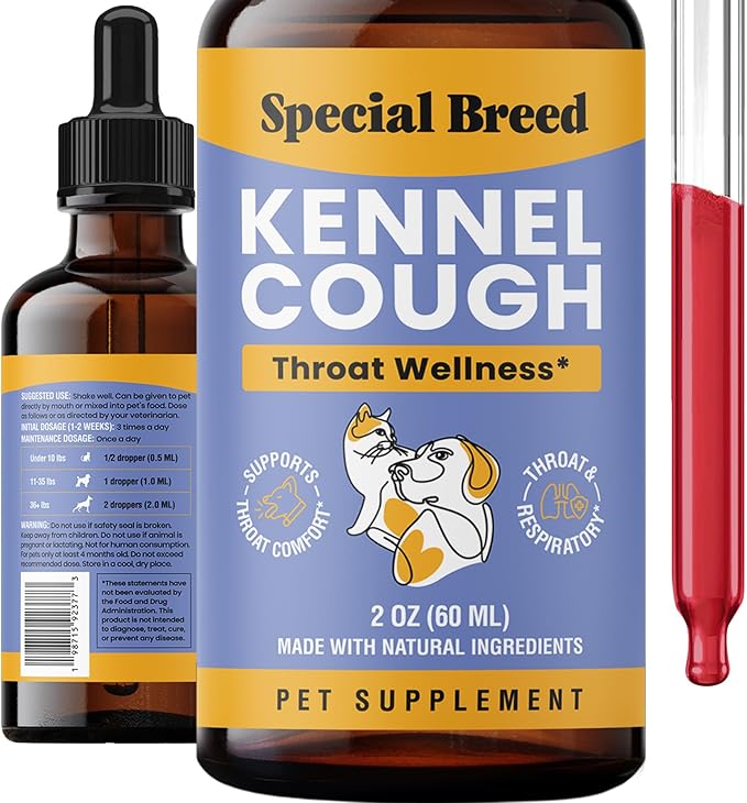 Kennel Cough Support for Dogs & Cats – Helps with Dry, Wet & Barking Cough – Herbal Pet Respiratory & Throat Support, Supports Breathing & Clear Airways – Natural Liquid Supplement – 2oz