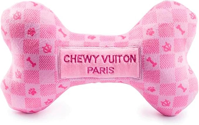 Haute Diggity Dog Chewy Vuiton Bone Plush Squeaky Dog Toy, Soft Durable Designer-Inspired Stuffed Puppy Chew Toys for Small, Medium & Large Dogs, Machine-Washable (Pink Checker) XL