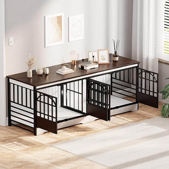 COZPAW 86 Inch Double Dog Crate Furniture, Extra Large Dog Kennel Indoor for 2 Dogs, Heavy Duty Dog Cage with Divider, Wooden Dog House Decorative Table TV Stand for XLarge Dogs (White&Brown)