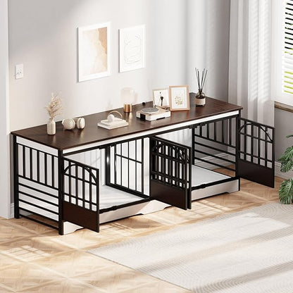 COZPAW 86 Inch Double Dog Crate Furniture, Extra Large Dog Kennel Indoor for 2 Dogs, Heavy Duty Dog Cage with Divider, Wooden Dog House Decorative Table TV Stand for XLarge Dogs (White&Brown)