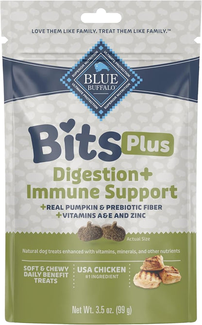 Blue Buffalo Blue Bits Plus Digestion and Immune Support Daily Benefit Dog Treats, Soft & Chewy Chicken and Pumpkin Morsels, 3.5-oz. Bag