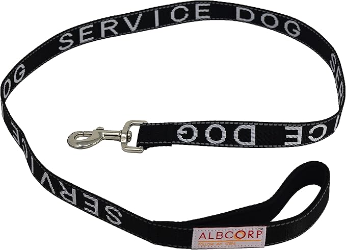 Albcorp Service Dog Leash - Embroidered- with Padded Neoprene Handle and Reflective threads, 4 Feet, for Harnesses, Vests or Collars, Black