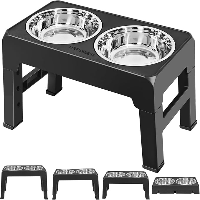 URPOWER Raised Dog Bowls 4 Height Adjustable Elevated Bowl Stand with Stainless Steel Water Bowl Non-Slip Dog Food Bowls Stand for Small Medium Large Dogs and Pets