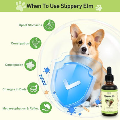 Slippery Elm for Dogs, Organic Herbal Digestive Support Drops for Dog Diarrhea Constipation Sensitive Stomach Acid Reflux, Promotes Healthy Digestion Bowel Function, Liquid Formula for All Breeds