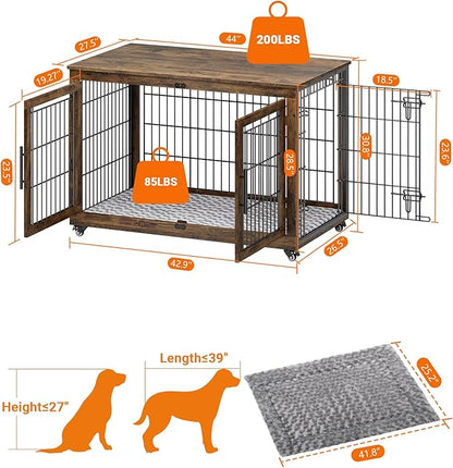 YaFiti Dog Crate Furniture with Cushion Set of 2, Wooden Dog Kennel Indoor with Double Doors, Dog Cage with Wheels, Dog House Side End Table for Large Dogs up to 85 lb, 44" L, Rustic Brown