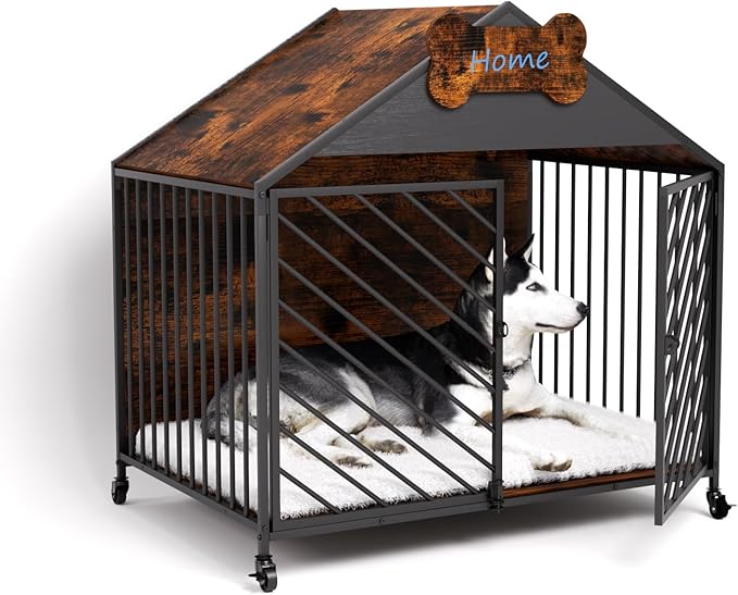 Furniture Dog Crate for Small & Medium Dogs, 32" Gable Roof Indoor Kennel with Double Locking Doors, Escape Proof Chew Proof Metal Dog Cage, Heavy Duty Wood-Style Crate for Home Decor, Rustic Brown