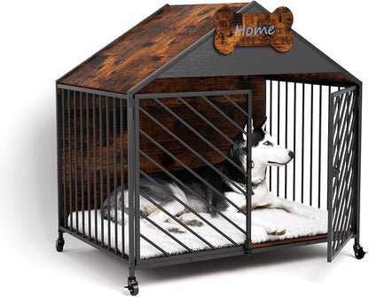 Furniture Dog Crate for Small & Medium Dogs, 32" Gable Roof Indoor Kennel with Double Locking Doors, Escape Proof Chew Proof Metal Dog Cage, Heavy Duty Wood-Style Crate for Home Decor, Rustic Brown