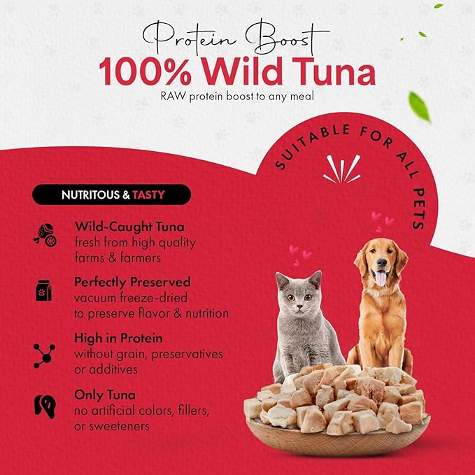 Tuna Cat Treats, 100% Wild Caught | Freeze Dried Dog Treats, High Protein | Grain-free, Single Ingredient Cat & Dog Food Toppers | No Additives or Preservatives | Inspected & Tested in USA | 3.5 oz