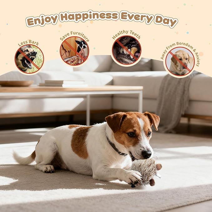 Pawaboo Plush Dog Toy, Non-Toxic Super Soft Faux-Fur Hedgehog Dog Toy Squeak Aninal Toy Stuffed Biting Training Playing Toys for Dog Puppy, Brown