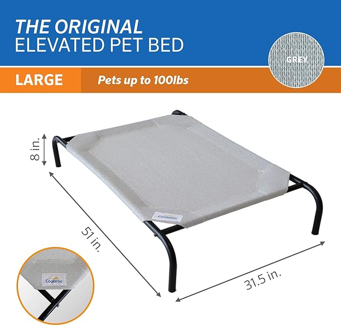 Coolaroo Original Elevated Dog Bed - Breathable Off-The-Ground Pet Bed with Cooling Fabric, Joint Relief & Moisture-Resistant Fabric, 100% Recyclable, Easy Clean, Grey, Large
