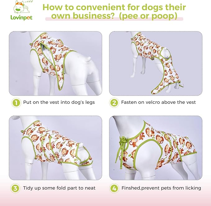 LovinPet Dog Recovery Suit - Medium Large - After Surgery Big Dog Recovery Suit Anti Licking Abdominal Wound Surgical Clothes Post-Operative Vest E-Collar Alternative,Monkey,Green,L