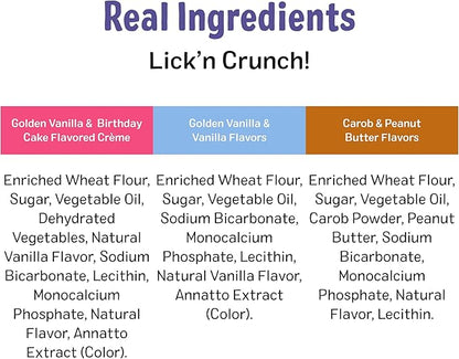 Three Dog Bakery Lick’n Crunch! Fan Favorites Dog Treats Variety Pack, Crunchy Sandwich Dog Cookies with Birthday Cake, Peanut Butter Carob & Vanilla Cream Fillings, 13 oz