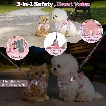 Gyuzh No Pull Dog Harness - 3-in-1 Step in Harness Collar Leash Set for Small Dog Walking & Training, Easy Walk Style, Lightweight Plaid Vest (Pink, M)