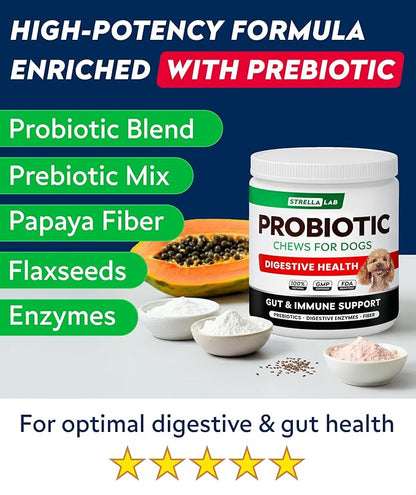 STRELLALAB Dog Probiotics Chews for Digestive Health & Gut Support with Yeast and Enzymes - Anti Gas, Diarrhea and Upset Stomach Immune Supplement - Digestion Treats with Fiber (120Ct, Chicken)