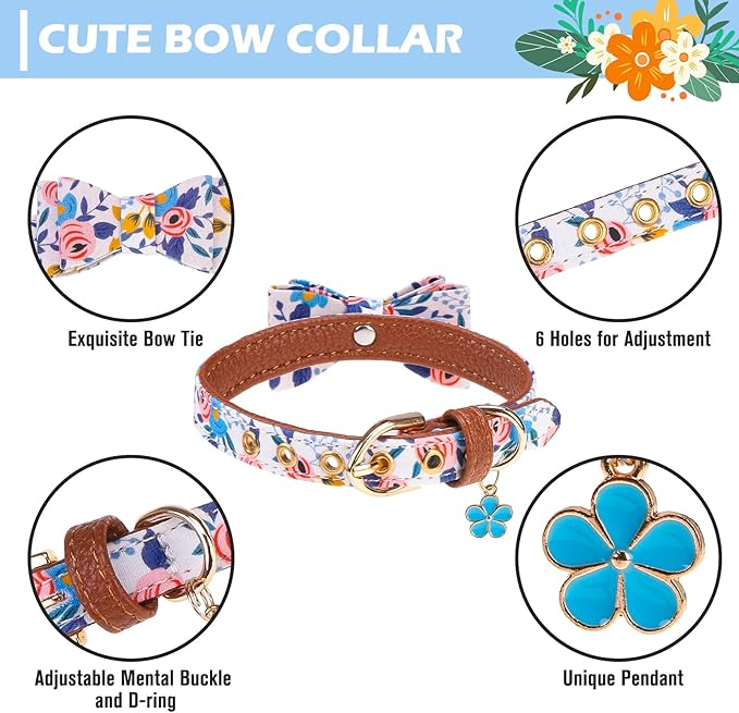 EXPAWLORER Small Collar and Leash Set - Embroidery Pawprints with Bow Tie and Bandana Collar with Bell, Soft Tangle Free Leash for Dogs Cats Outdoor Walking, Holiday Ideal Gift Blue Flowers S