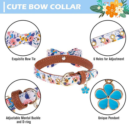 EXPAWLORER Small Collar and Leash Set - Embroidery Pawprints with Bow Tie and Bandana Collar with Bell, Soft Tangle Free Leash for Dogs Cats Outdoor Walking, Holiday Ideal Gift Blue Flowers S