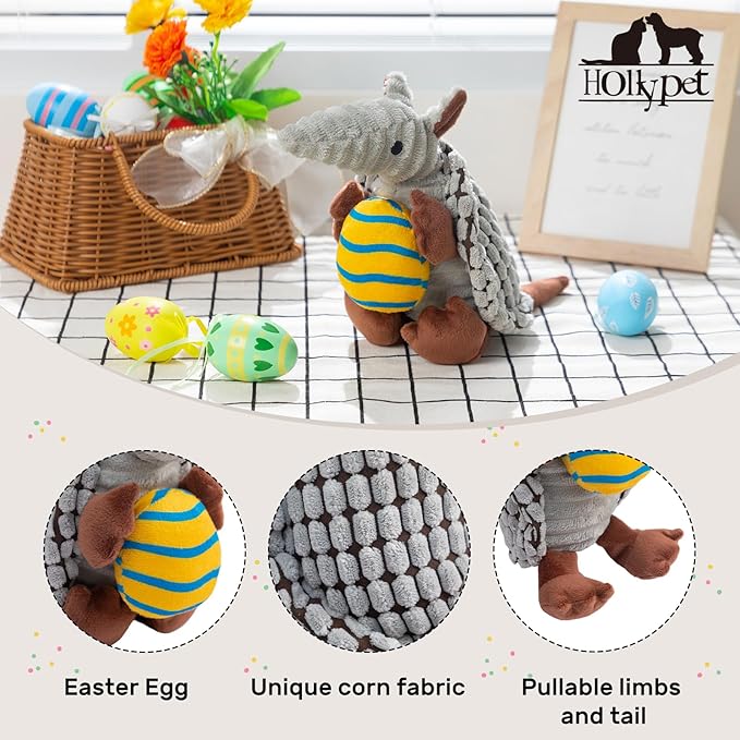 Hollypet Plush Dog Squeaky Toy Stuffed Armadillo Animal Pet Puppy Chew Toys with Clean Teeth for Small Medium Large All Breed Sizes Dogs, Gray, 8 in, Yellow Egg with Blue Stripes