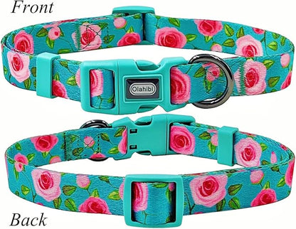 Dog Collar and Leash Set, Rose Pattern, Polyester Material, 5ft Matching Leash, for Small Puppy Dogs.(XS, Green Rose Set)