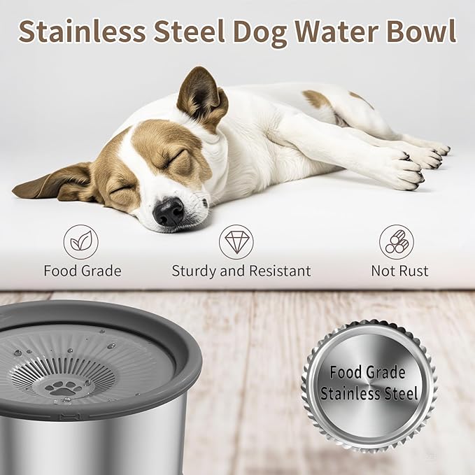 4.5L Dog Water Bowl No Spill 1.2 Gallon Stainless Steel Water Bowl for Dogs 150oz No Mess Slow Water Feeder with Anti-Slip Mat for Messy Drinkers 4.5L+2 Filters