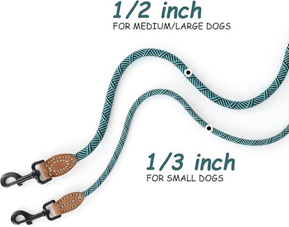 Mile High Life Small Dog Leash, Thin Rope Leash with Genuine Leather Connection and Heavy Duty Metal Clasp, Great for Small Medium Dogs(Turquoise Green, 48 Inch-1/3)