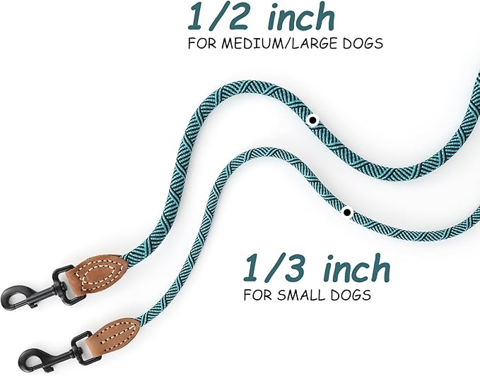 Mile High Life Small Dog Leash, Thin Rope Leash with Genuine Leather Connection and Heavy Duty Metal Clasp, Great for Small Medium Dogs(Turquoise Green, 72 Inch-1/3)