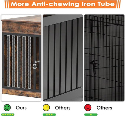 Saudism Dog Crate Furniture for Large Dog or 2 Small Dogs, Wooden Large Dog Kennel with 3 Storage Drawers and 2 Sliding Doors, Decorative Dog Cage TV Stand with Removable Divider, Classic Brown