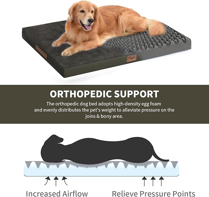 Flat Extra Large Dog Bed, Jumbo Waterproof Dog Bed for Large Dogs, Orthopedic Egg Crate Foam Pet Mat with Removable Washable Cover, Coffee