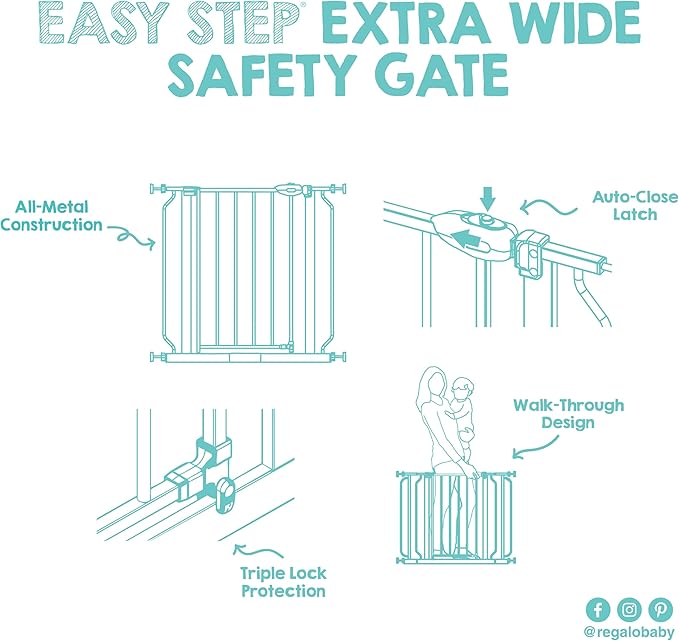 Regalo Safety 29-49" Easy Step Extra Wide Baby Gate for Doorways & Bottom of Stairs, Pressure Mounted Safety Gate with Door for Babies, Toddlers & Pets, Platinum