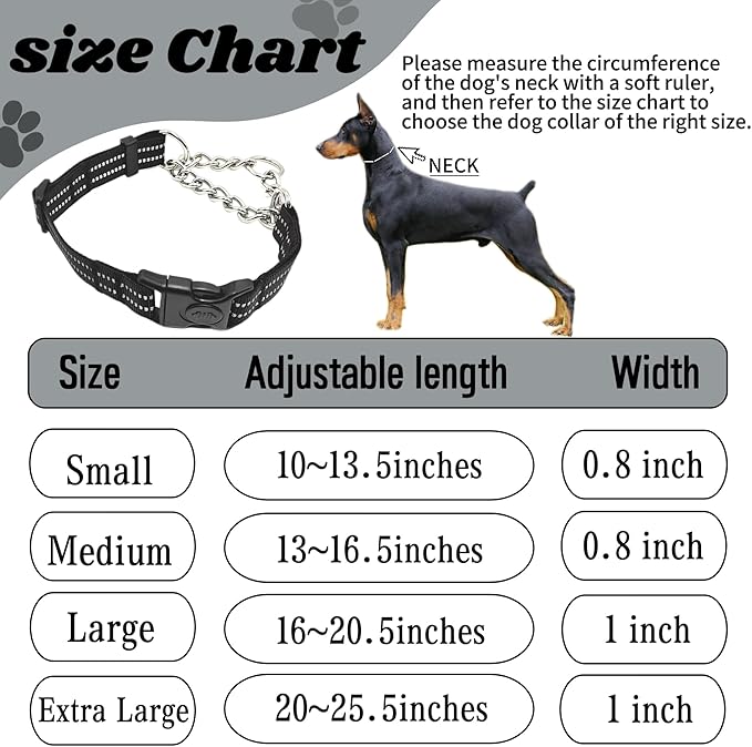Martingale Dog Collars, Reflective Nylon Collar with Stainless Steel Chain, Adjustable Walking Training Dog Collars with Quick Release Buckle, Suitable for Small Medium Large Dogs(Black,M)