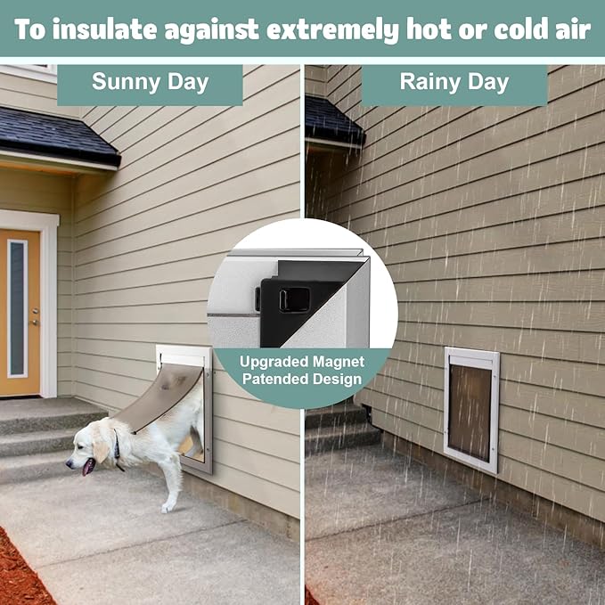 Durable Aluminum Doggy Door - Large, White, Easy to Install for Large Dogs & Pets (Adjustable Thickness, L)