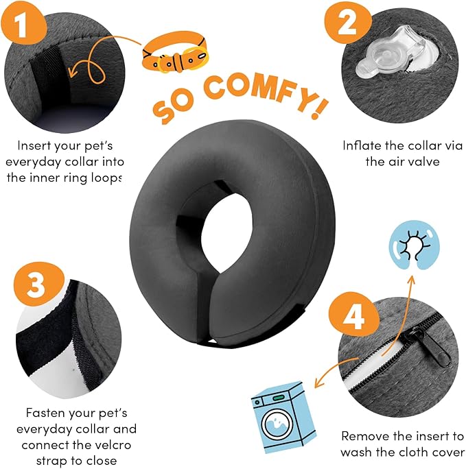 BENCMATE Inflatable Dog Cone Collar Alternative, Soft Dog Cone for Small Medium Large Dogs and Cats, Neck Recovery ECollar Donut Collar After Surgery (Small, Dark Grey)