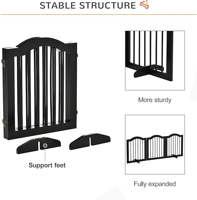 PawHut 24"H Foldable Dog Gate, 3 Panels Freestanding Pet Gate Barriers Indoor with Support Feet, Puppy Fence for Small Dogs, Black