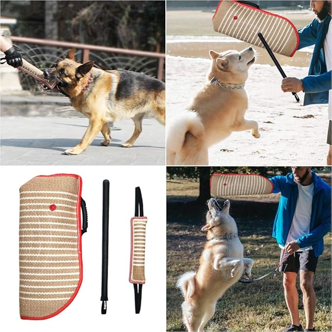 DGSL Dog Training Set - Dog Bite Sleeve, Pillow Tug Toy, Stick - Professional Training Equipment for Biting, Interactive, Fetch, K9, Puppy (Transverse Stripe)