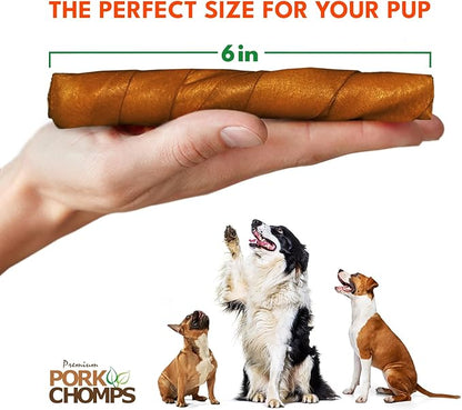Pork Chomps Roasted Pork Skin Dog Chews, 6 Inch Twists, 15 Count - Long-Lasting Treats for Dogs - High Protein, Rawhide-Free, Low Fat, Healthy & Delicious Chews