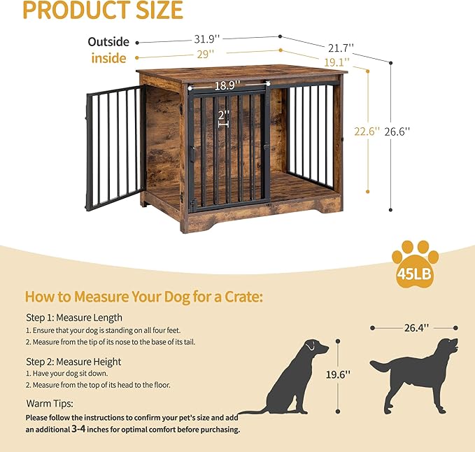 Hzuaneri 31.9" Dog Crate Furniture with Barn Door, Heavy Duty Dog Kennel Indoor with 2 Doors, Wooden Pet Cage End Table for Small Medium Dogs up to 44 lb, Anti-Chew Anti-Escape, Rustic Brown DFC83601B