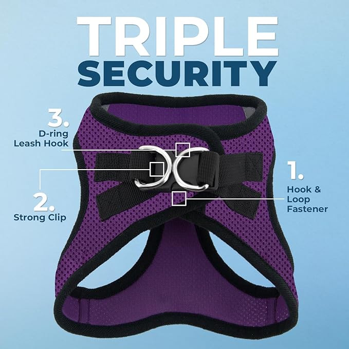 Best Pet Supplies - All Weather Mesh/Plush, Reflective, No Pull Harness for Small, Medium Dogs, Cats - Secure with Hook & Loop Fastener, Buckle, Double D-Rings - Purple/Black Trim, XL