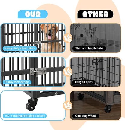 Heavy Duty Dog Crate, 52 Inches Large Metal Dog Kennel with Roof Top, 2 Door Pet Cage with Removable Tray and Wheels for High Anxiety Large Giant Breeds