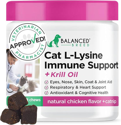 Balanced Breed L-Lysine Cats Immune Support Soft Chews Made in USA Vet-Pharmacist Approved Seasonal Allergy Relief Cat Vitamins Indoor Cats Supplements Krill Oil Asthma Relief Cat Lysine Treats NonGMO