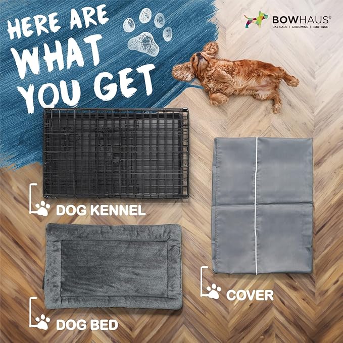 BOWHAUS 30-Inch Single Door Dog Crate Kit Includes Crate Cover and Soft Dog Bed, Indoor Dog Cage with Leak-Proof Pan, Foldable Wire Metal Dog Kennel for Small, Medium Dog