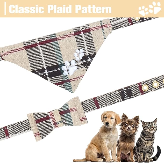 EXPAWLORER Dog Collar and Leash Set - Embroidered Pawprints Plaid With Bow Tie and Bandana, Adorable for Dogs Cats Outdoor Walking, Beige M