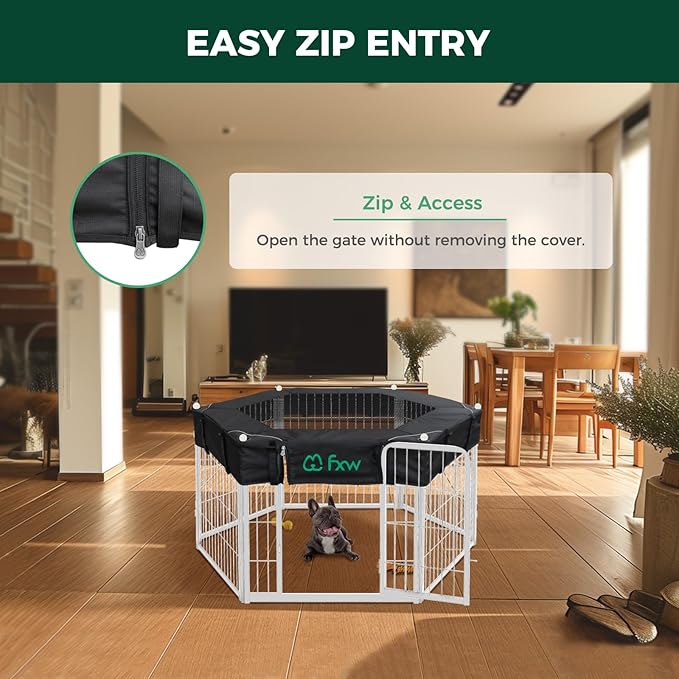 FXW Homeplus Indoor Dog Playpen with Hexagon Mesh Top Cover for Escape Prevention, 24 Inch 6 Panels Heavy Duty Dog Pen for Puppies and Small Dogs, White│Patented