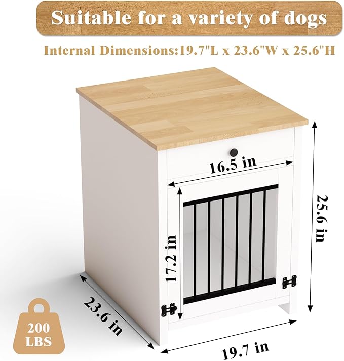 Small Dog Crate Furniture with Drawer, Wooden Pet Kennel End Table for Small Dogs, Furniture Style Indoor Dog House, Decorative White Dog Cage Nightstand, Side Table with Metal Bars & Secure Lock