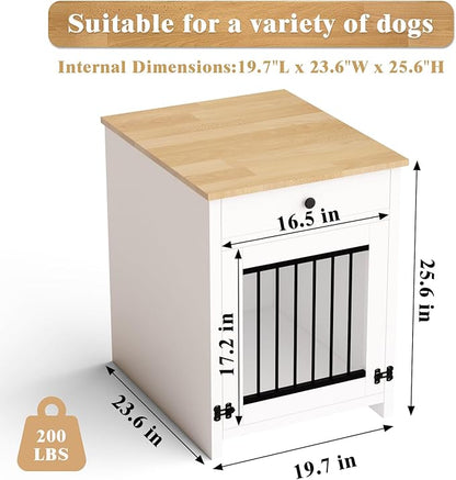 Small Dog Crate Furniture with Drawer, Wooden Pet Kennel End Table for Small Dogs, Furniture Style Indoor Dog House, Decorative White Dog Cage Nightstand, Side Table with Metal Bars & Secure Lock