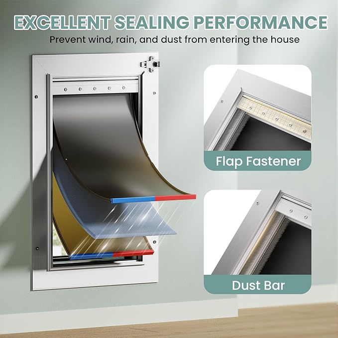 3-Flap Insulated Aluminum Dog Door for Walls, Heavy-Duty Telescoping Pet Door with Dual Security Locks & Magnetic Flaps, Closing Panel, XLarge, Pets Up to 220 LB