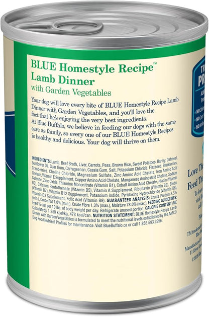 Blue Buffalo Homestyle Recipe Adult Wet Dog Food, Made with Natural Ingredients, Lamb Dinner with Garden Vegetables, 12.5-oz Can (Pack of 12)