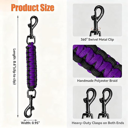 Dog Collar Safety Clip, Collar Companion, Handmade Backup Safety Strap, Double-Ended Clip Leash Connector, Suitable for Dog Harnesses, Prong, Pinch Collars (Black Purple + Black Blue, 2 Pack)